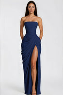 Riveno Strapless Draped High-Slit Maxi Dress