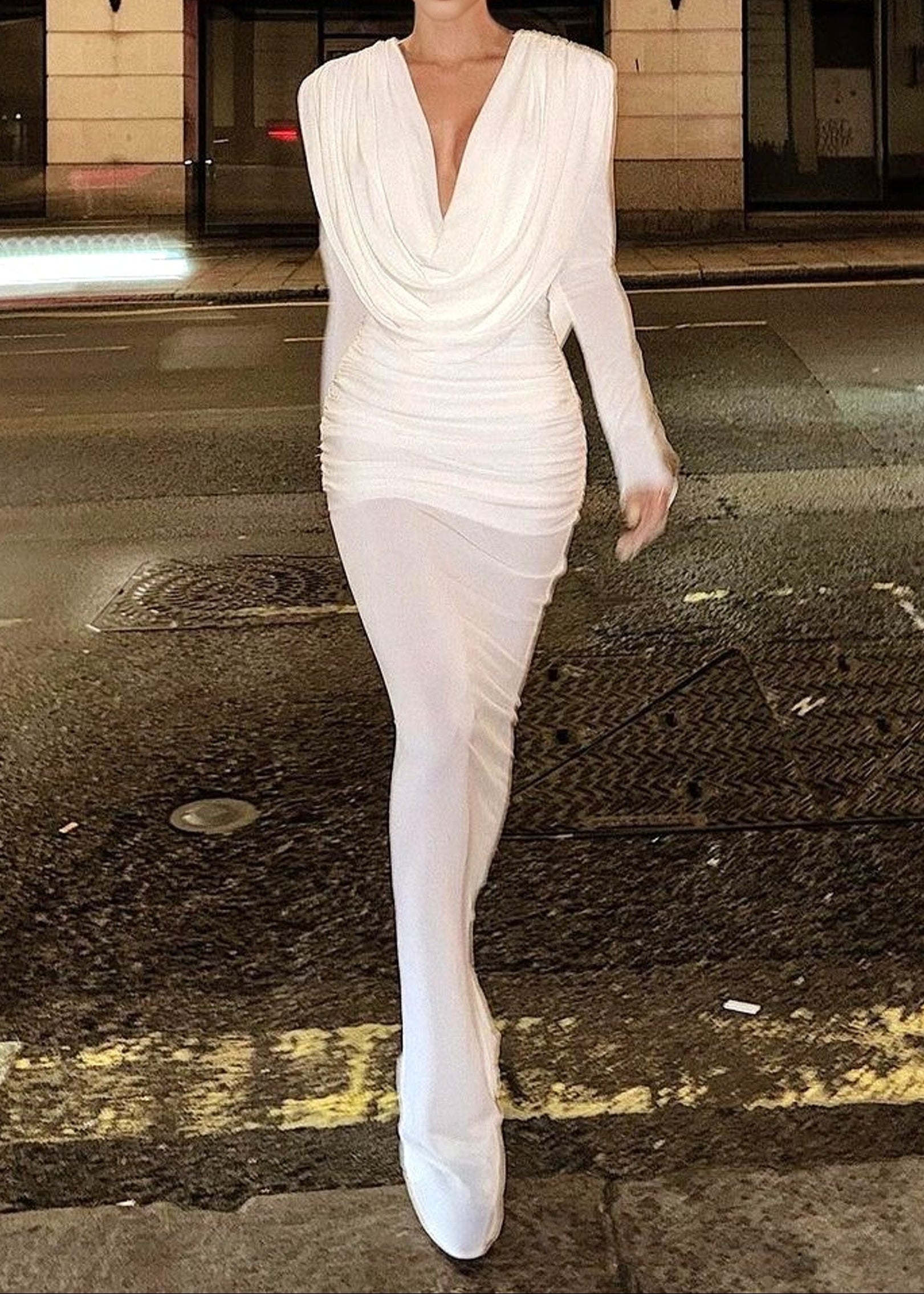 Sagebrush Long Sleeve Draped Backless Maxi Dress In White