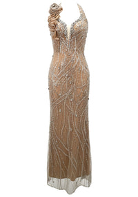 Matat Halter Floral Crystal Sequin Maxi Dress In Champagne