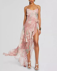 Ares Floral-Print Ruffled Silk Midi Dress In Pink