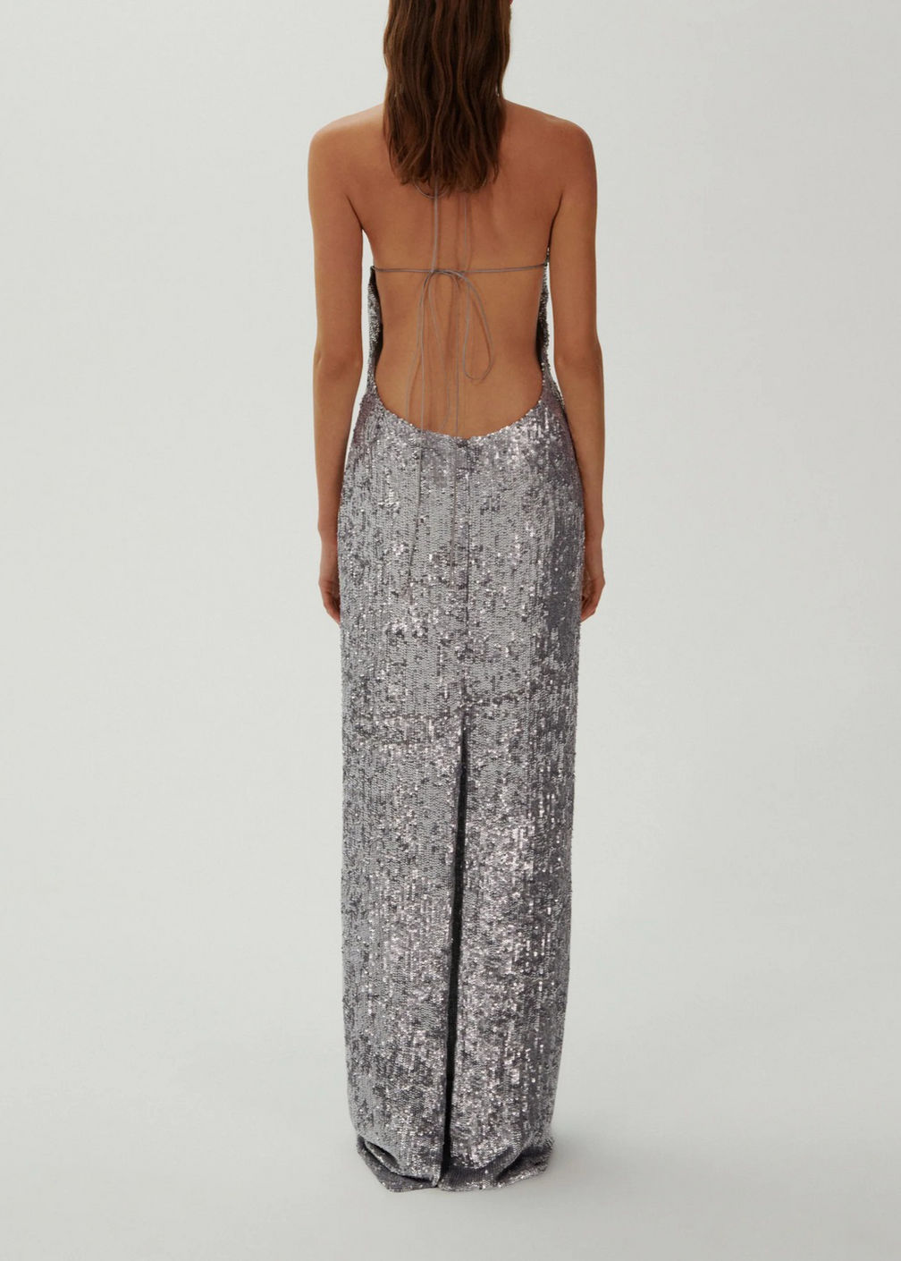 Devrim Floral-Appliqué Sequin Maxi Dress In Silver