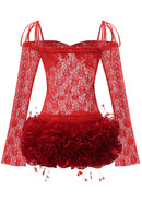 Blythessa Long Sleeve Lace Floral Ruffle Mini Dress In Red