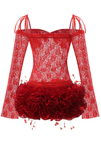 Blythessa Long Sleeve Lace Floral Ruffle Mini Dress In Red