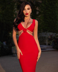 Zuelia Halter Neck Cutout Floral Maxi Dress In Red