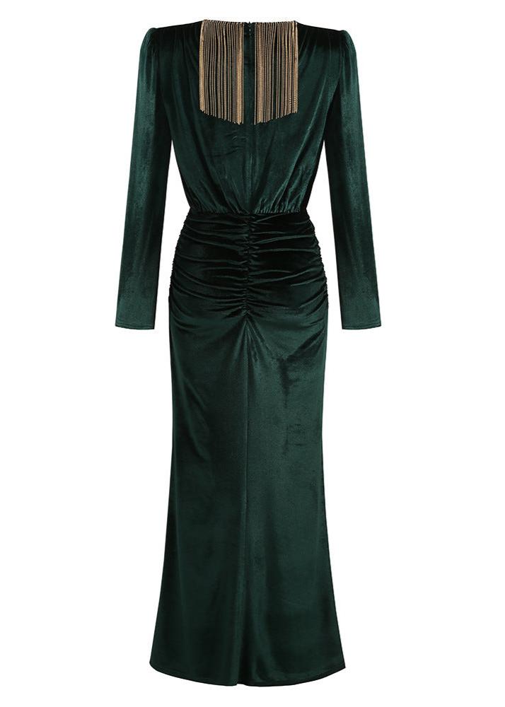 Kiki Velvet Tassel V-Neck Maxi Dress In Green