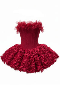 Lizzie Strapless Petal Floral Corset A Line Mini Dress In Red