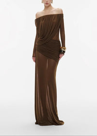 Cryxel Off-Shoulder Draped Mesh Maxi Dress In Brown