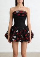 Alviva Strapless Floral Corset Bubble Mini Dress In Black