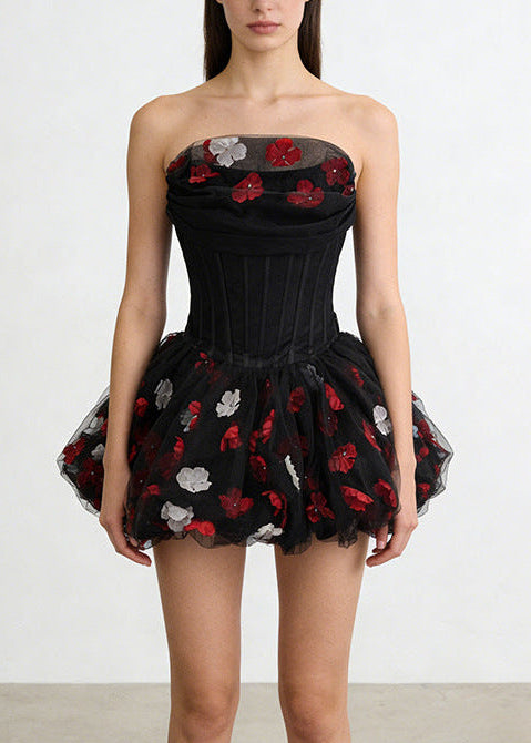 Alviva Strapless Floral Corset Bubble Mini Dress In Black