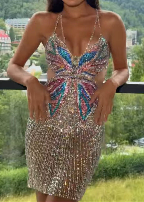 Seraphilus Sequin Crystal Mini Dress In Nude