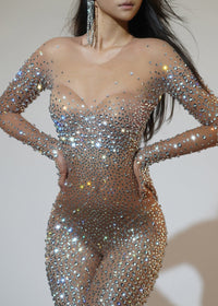 Plthar Rhinestone Mesh Jumpsuit In Silver