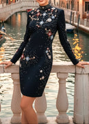 Nereus Long Sleeve Crystal Embellished Mini Dress In Black