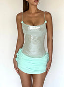Quivyx Sequin Floral Draped Corset Mini Dress In Green