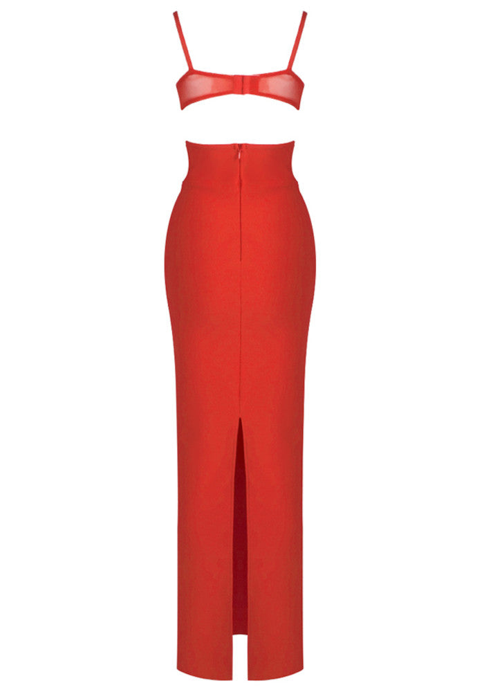 Phelia Mesh Insert Maxi Dress In Red