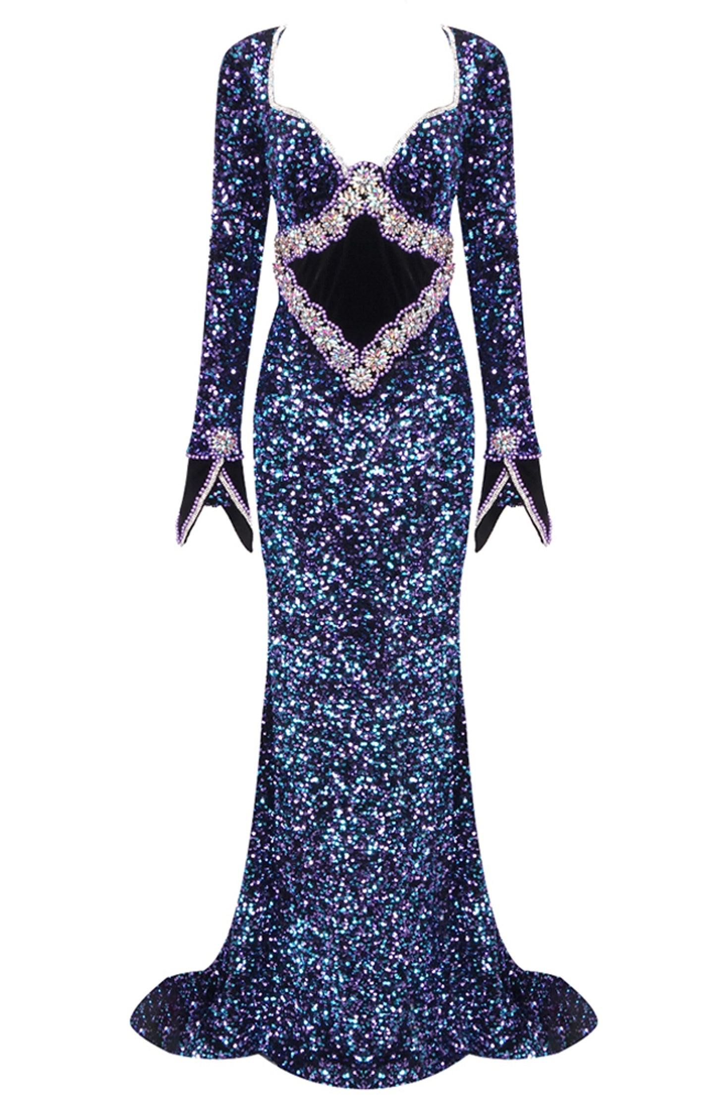 Calixto Long Sleeve Crystal Sequin Mermaid Maxi Dress In Blue