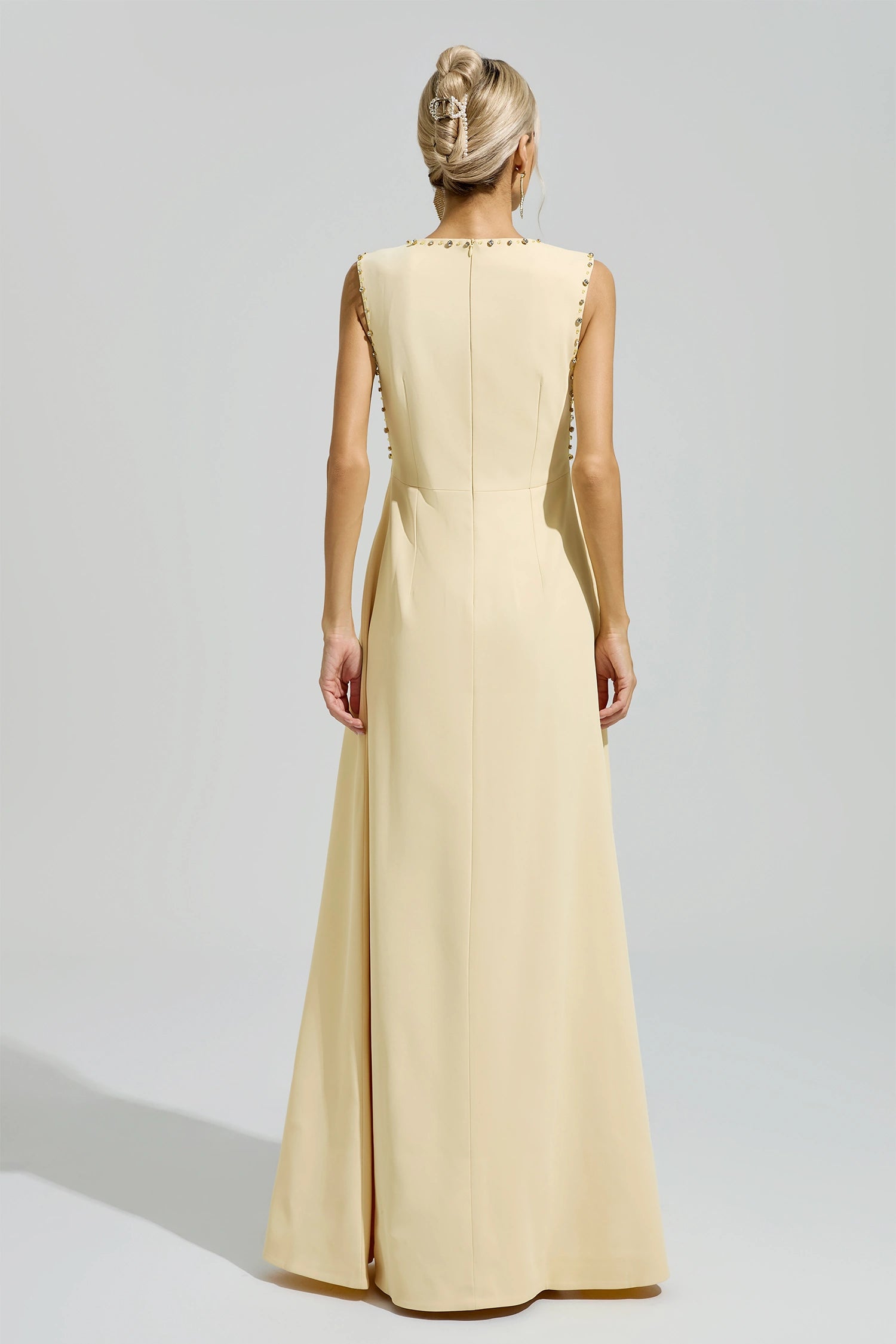 Fusako Yellow Sleeveless Rhinestone Maxi Dress