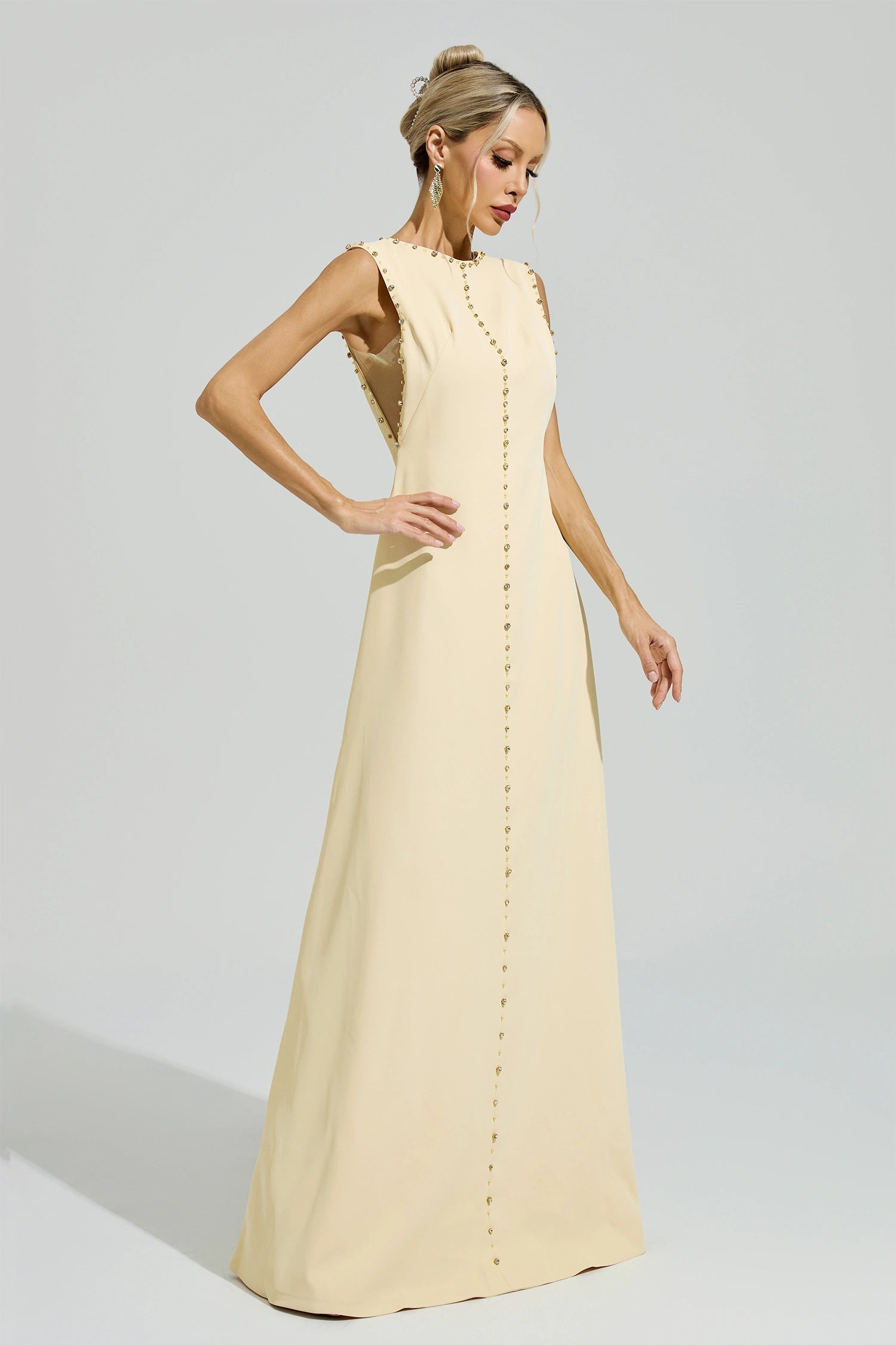 Fusako Yellow Sleeveless Rhinestone Maxi Dress