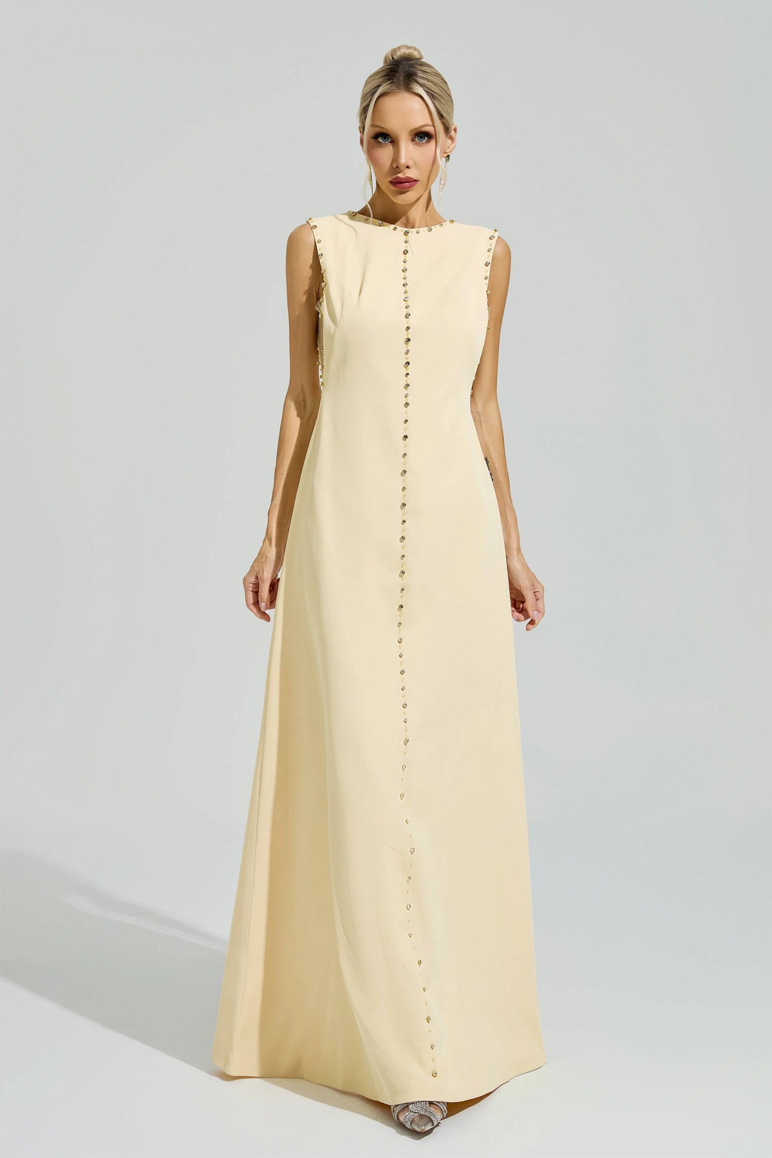 Fusako Yellow Sleeveless Rhinestone Maxi Dress