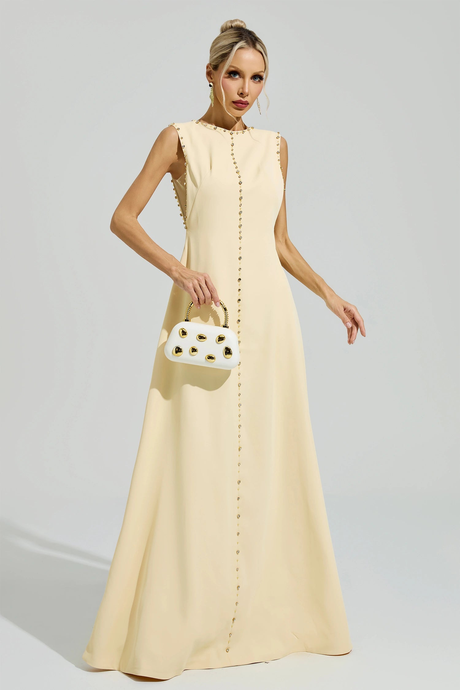 Fusako Yellow Sleeveless Rhinestone Maxi Dress