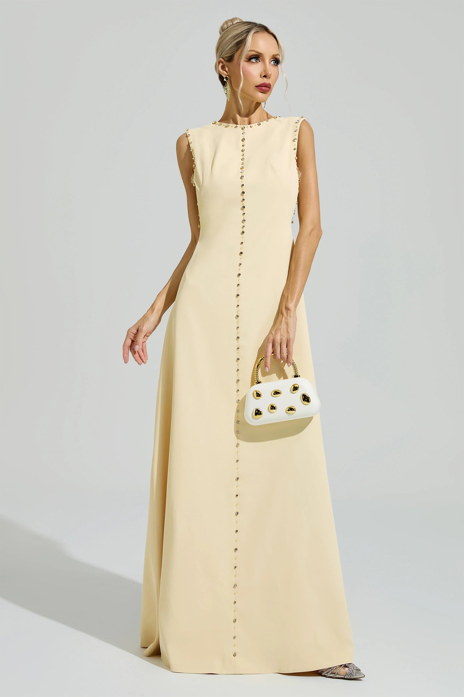 Fusako Yellow Sleeveless Rhinestone Maxi Dress