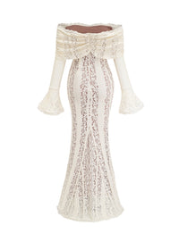 Pernilla Floral Lace Flared-Cuff Maxi Dress In Neutrals