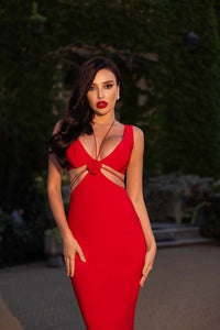 Zuelia Halter Neck Cutout Floral Maxi Dress In Red