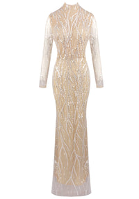 Charnita Long Sleeve Sequin Pearl Maxi Dress In Nude