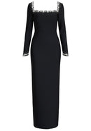 Firenze Long Sleeve Crystal Embellished Trim Maxi Dress In Black