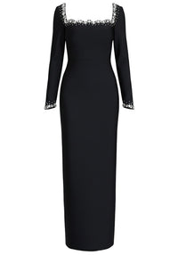 Firenze Long Sleeve Crystal Embellished Trim Maxi Dress In Black