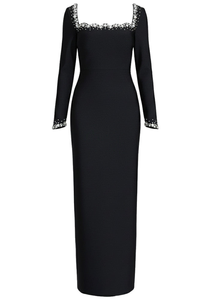 Firenze Long Sleeve Crystal Embellished Trim Maxi Dress In Black