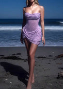 Glacian Strapless Draped Sparkly Mini Dress In Purple
