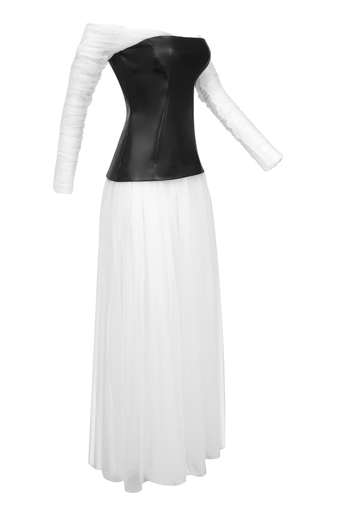 Milada Mesh Patchwork Puffy Maxi Dress In White