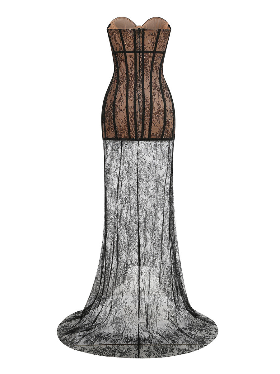 Ekram Strapless Lace Bustier Maxi Dress In Black