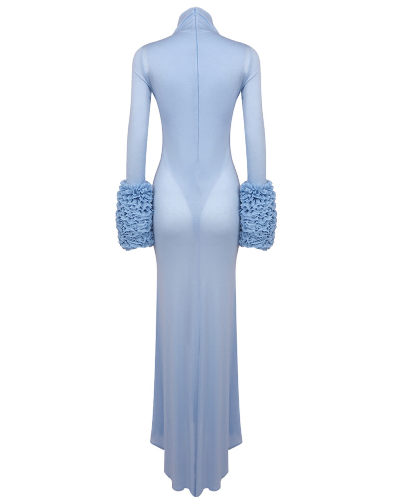 Parama Ruffled Turtleneck Maxi Dress In Pale Blue