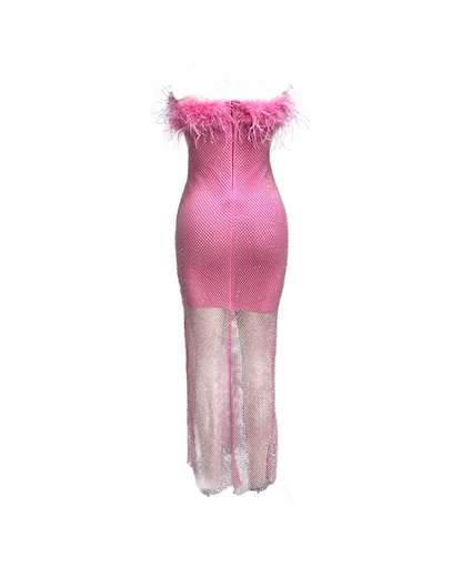 Liesel Mesh Rhinestone Maxi Bandage Dress In Hot Pink