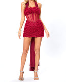 Shatora Halter Floral Corset Mini Dress In Red
