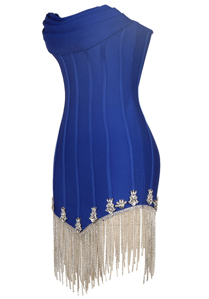 Balius Strapless Crystal Tassel Dress In Blue