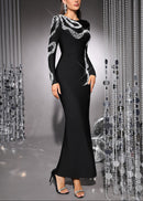 Ezron Long Sleeve Crystal Design Maxi Dress In Black