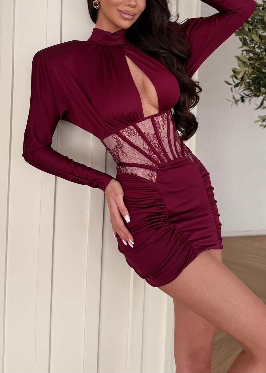 Geotra Long Sleeve Lace Corset Mini Dress In Burgundy