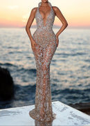 Syssa Halter Embellished Lace Maxi Dress In Nude