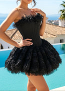 Lizzie Strapless Petal Floral Corset A Line Mini Dress In Black