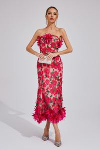 Chasity 3D Flower Embroidery Strapless Midi Dress In Rose Red