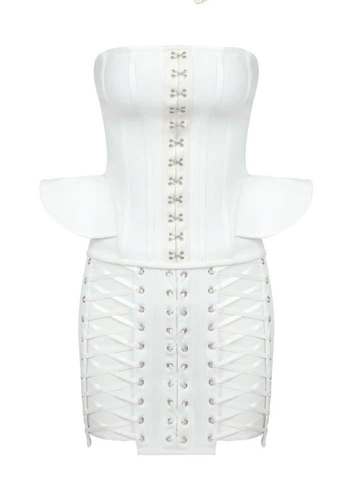 Oaldor Strapless Corset Lace Up Peplum Mini Dress