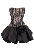 Poseidon Strapless Floral Lace Corset Puff Mini Dress In Black