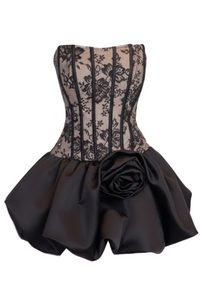 Poseidon Strapless Floral Lace Corset Puff Mini Dress In Black