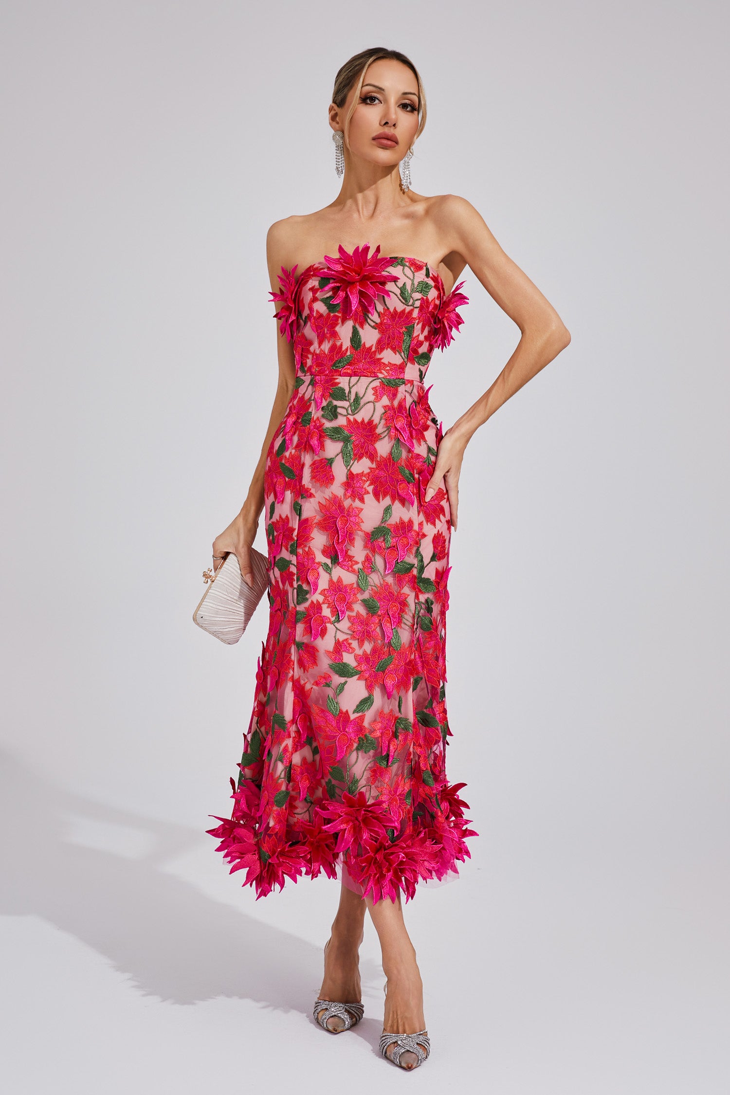 Chasity 3D Flower Embroidery Strapless Midi Dress In Rose Red