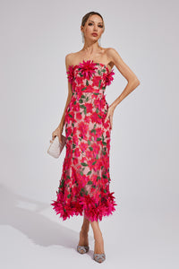 Chasity 3D Flower Embroidery Strapless Midi Dress In Rose Red