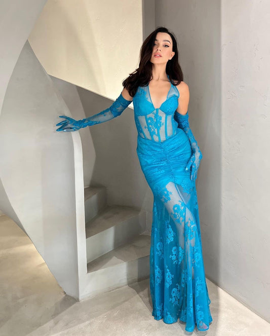 Valeria Lace Halterneck Maxi Dress In Blue