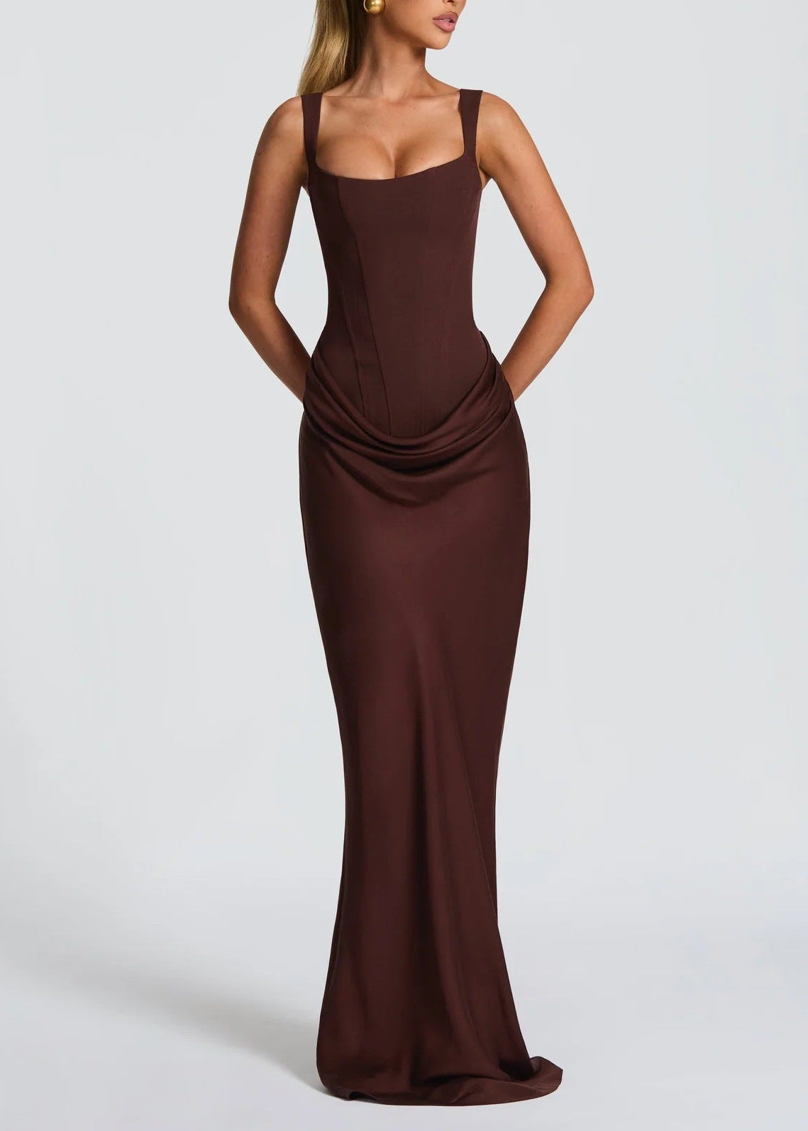 Feyza Corset Draped Maxi Dress In Brown