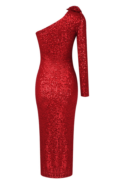 Kensley One-Shoulder Floral Sequin Maxi Dress In Red